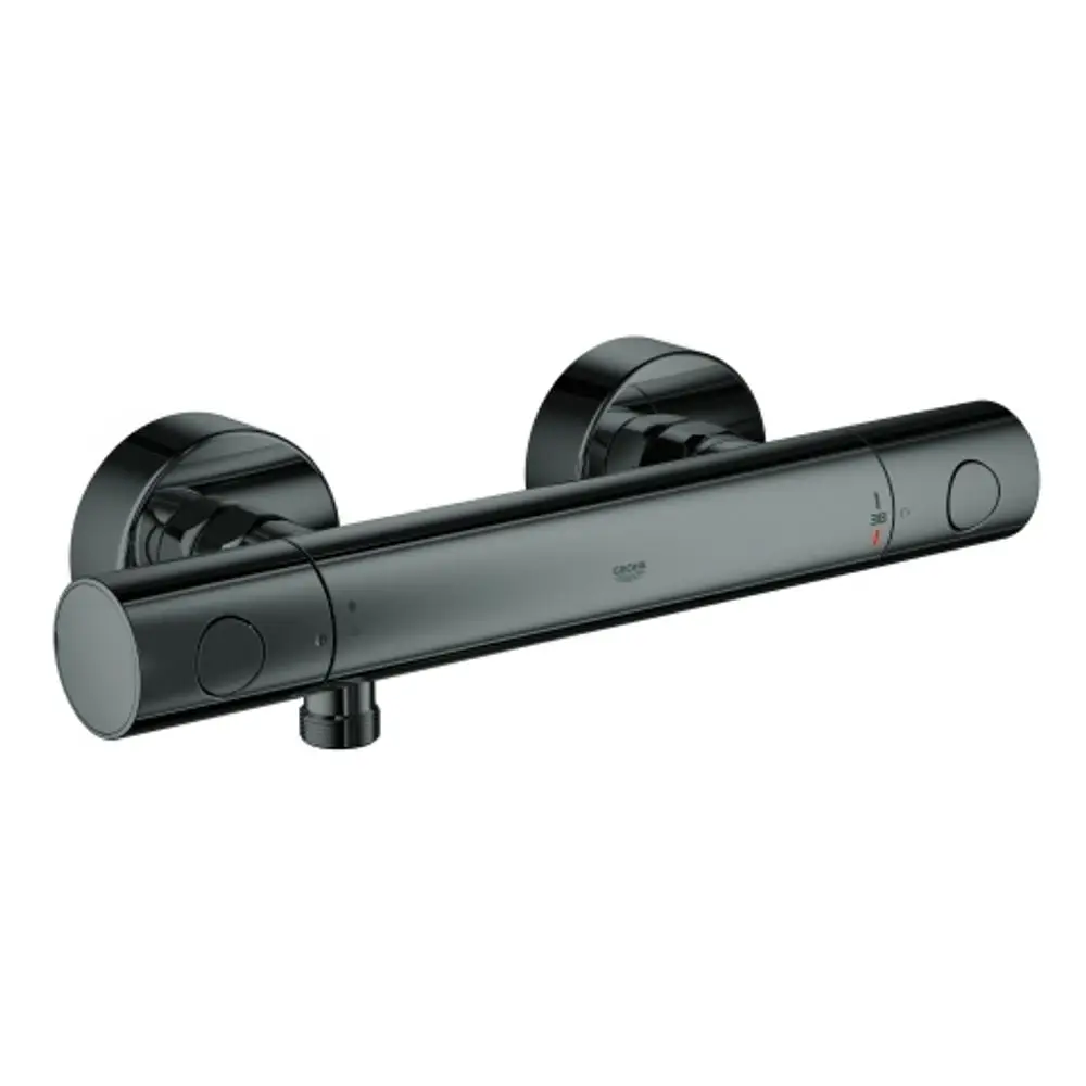 GROHE-Brausebatterie aus grauem Material, wandmontiert, mit Bedienelementen zur Einstellung der Wassertemperatur und -menge.