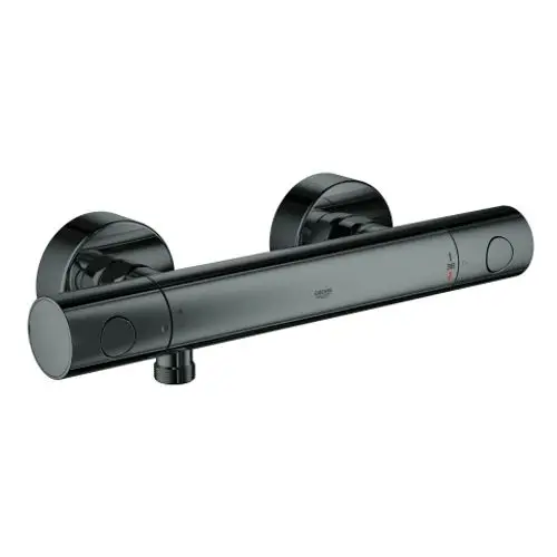 Schwarzes Wandthermostat mit zwei runden Bedienelementen, ideal für die Regulierung der Wassertemperatur im Badezimmer.