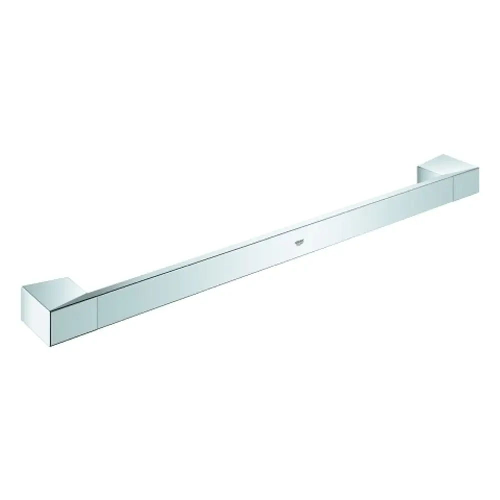 GROHE Griff aus Metall in gerader Form mit glatter, reflektierender Oberfläche, montiert an einer Wand, für die Verwendung in Badezimmern oder Duschen.