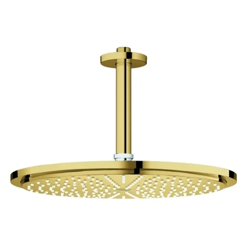 Grohe Duschkopf in runder Form mit goldfarbener Oberfläche, montiert an einem kurzen Ständer. Der Kopf hat eine perforierte Struktur zur Wasserverteilung.