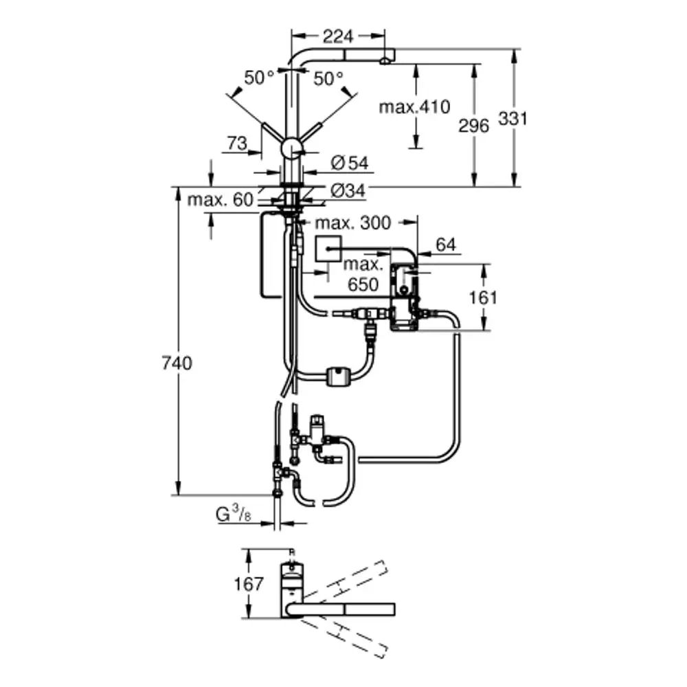 GROHE Minta Touch Küchenarmatur mit einem ausziehbaren Auslauf, verschiedenen Anschlussleitungen und einem Bedienfeld, dargestellt in einem technischen Schema.