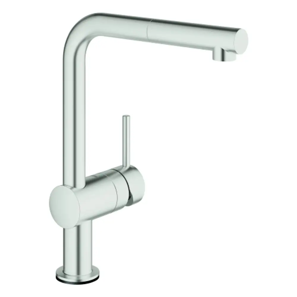 Chromfarbener Küchenhahn von Grohe mit hohem Auslauf und seitlichem Hebel zur Wassersteuerung. Modernes Design mit funktionaler Ausführung.
