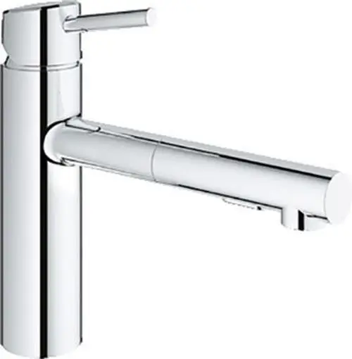 Grohe Wasserhahn mit ausziehbarer Spülbrause in Chromfarbe. Der elegante, mittelhohe Körper ermöglicht eine flexible Nutzung in der Küche oder im Bad.