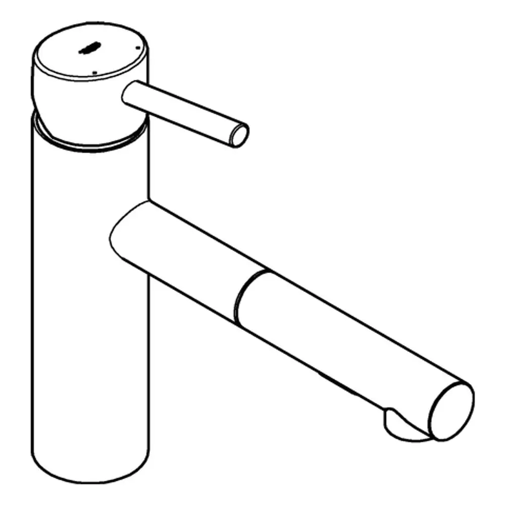Chromfarbener Küchenarmatur von Grohe mit ausziehbarem Auslauf und einer runden Bedienfläche auf der Oberseite. Schlichtes, funktionales Design.