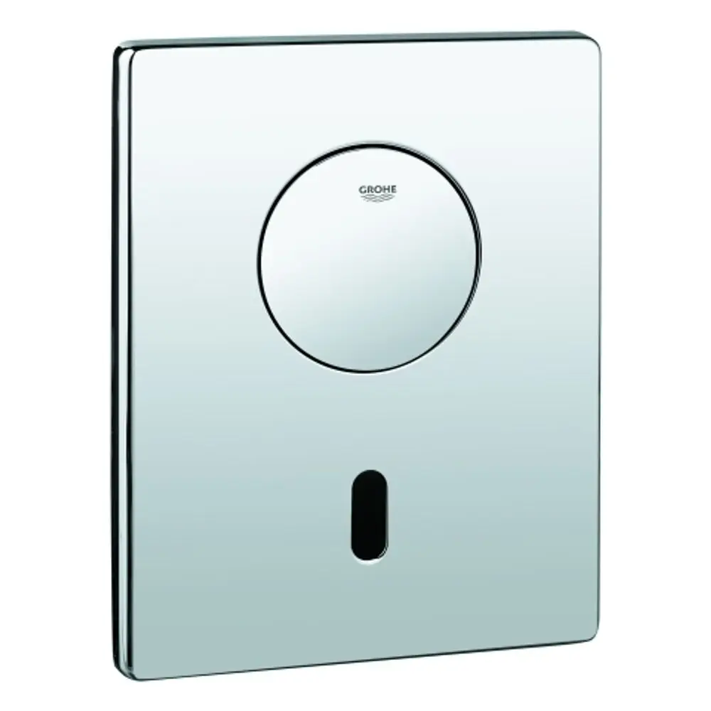 Wandschalter in glänzendem Chrom-Finish von Grohe mit runder Betätigungsfläche und schmalem Schlitz darunter, zur Verwendung in Badezimmern.