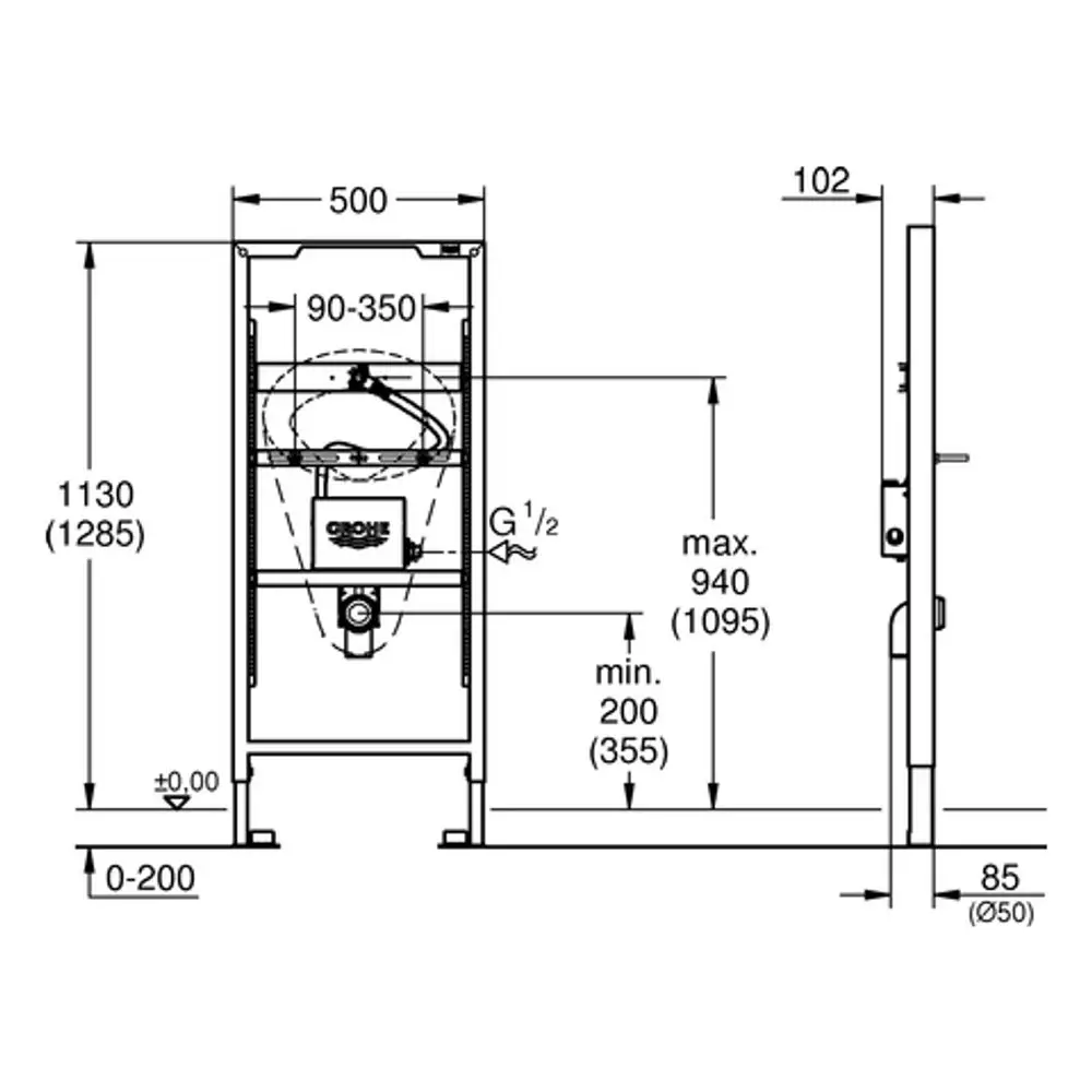 GROHE Urinal-Element mit verschiedenen Höhenverstellungen und Anschlussmöglichkeiten, dargestellt in einer technischen Zeichnung mit präzisen Maßen und Spezifikationen.