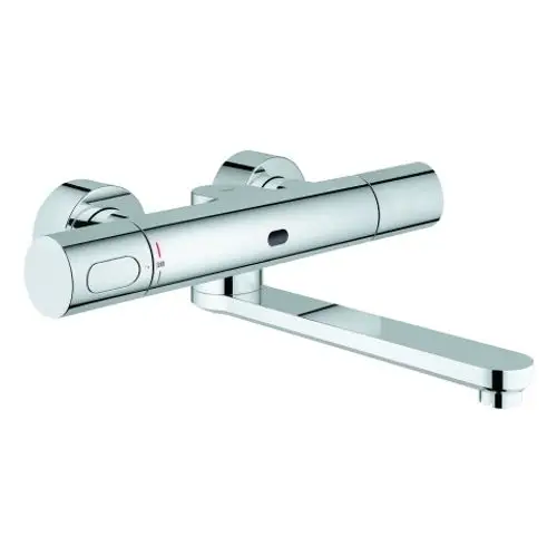 GROHE-Wandarmatur mit einem Auslauf, ausgestattet mit IR-Elektronik, in glänzendem Chrom, für einen modernen Waschbereich.