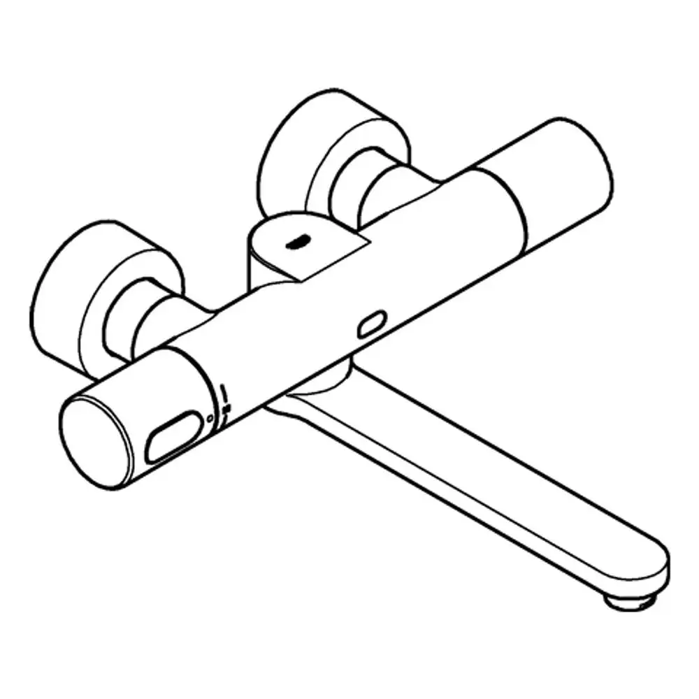 Grohe-Wasserhahn mit zwei Griffflächen, runder Auslauf und elektronischer Steuerung. Das Design ist funktional und für Wandmontage geeignet.