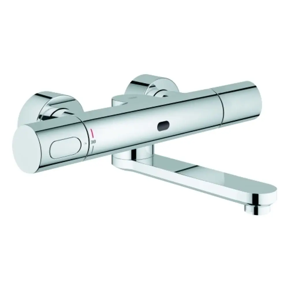 GROHE-Warm- und Kaltwasserhahn mit zwei Knöpfen zur Temperaturregulierung und einem schmalen Auslauf, in glänzendem Chrom.