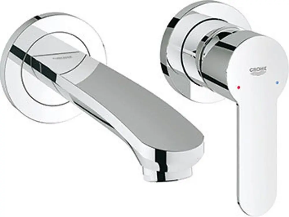 GROHE Wasserhahn in Chrom-Optik mit separatem Bedienhebel und Auslauf. Geeignet für Waschbecken, einfacher Zugang zur Wasserregulierung.