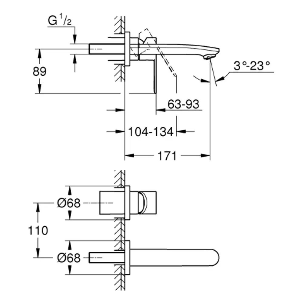 Technisches Zeichnungsdiagramm eines Grohe-Wandbatteriemischers mit Maßangaben für Montage und Ausladung. Darstellung der seitlichen und frontalen Ansicht des Produkts.