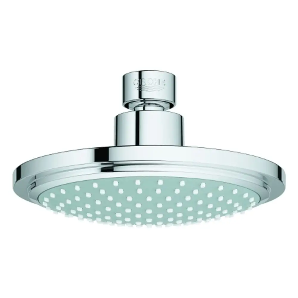 Grohe Kopfbrause mit runder Duschfläche, vertikal montiert, ausgestattet mit zahlreichen Düsen für gleichmäßigen Wasserfluss. Oberflächenverarbeitung in Chrom.