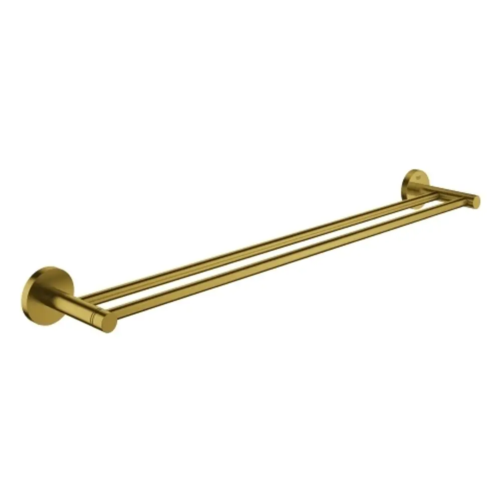 Grohe Doppel-Badetuchhalter in Gold, bestehend aus zwei parallel verlaufenden Stangen, die an runden Wandhalterungen befestigt sind. Verwendbar zur Aufbewahrung von Handtüchern.
