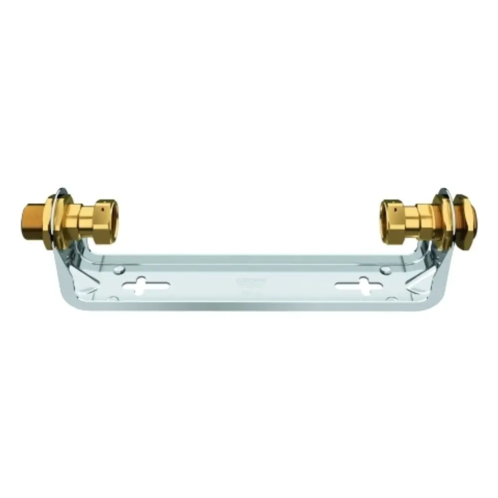 Montageeinheit von Grohe mit zwei Anschlussventilen. Die strukturelle Grundlage ist aus Metall gefertigt und eignet sich zur Installation von Wasserleitungen.