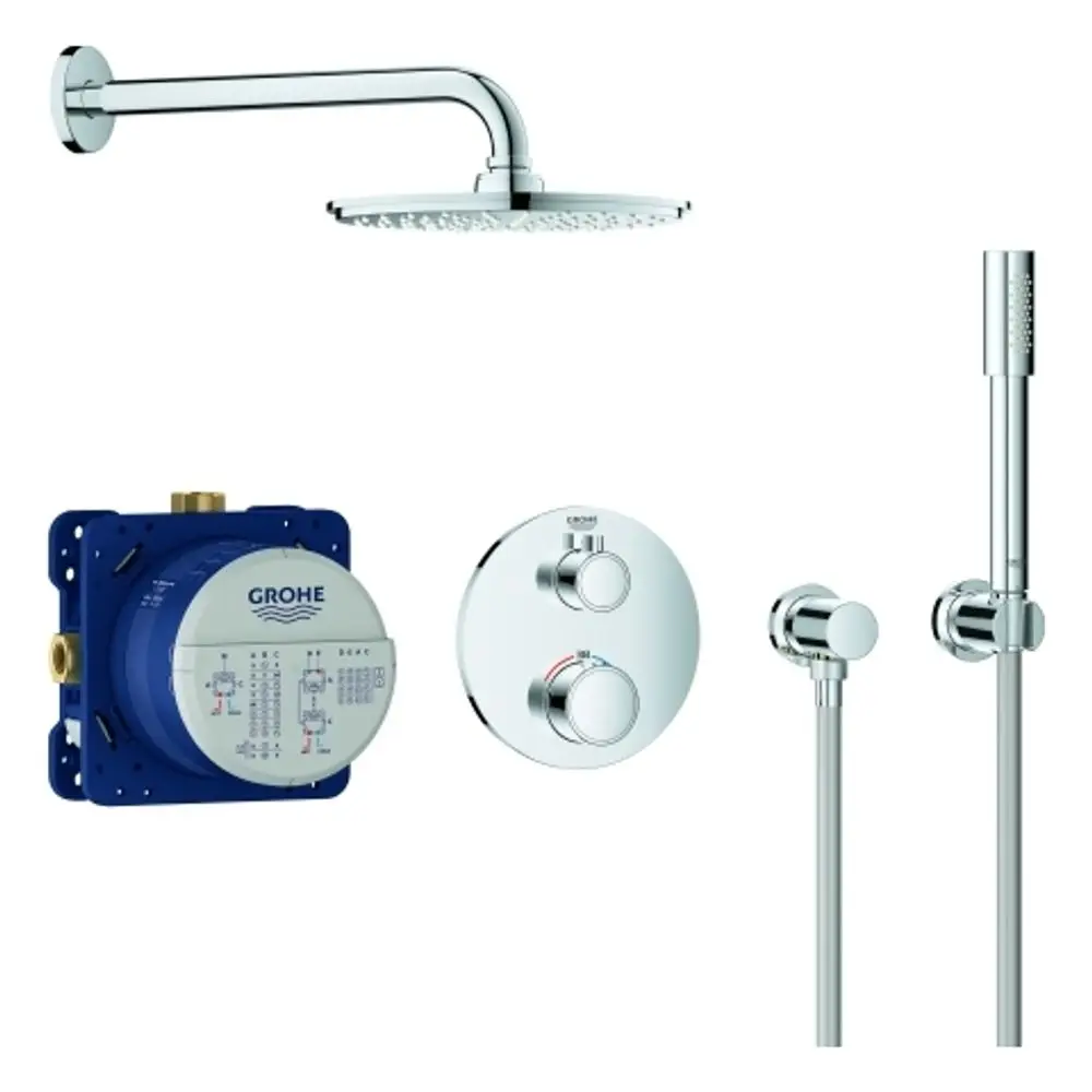 Grohe Duschsystem mit runder Kopfbrause, Handbrause und Thermostatsteuerung. Enthält Verkleidung, Unterputzbaustein und Chrom-Oberfläche.