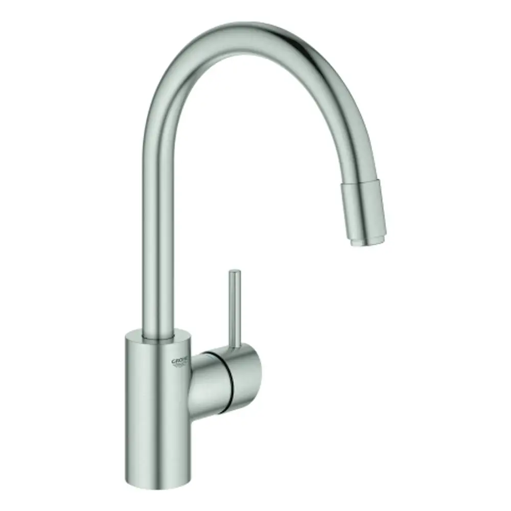 Hochwertige Küchenarmatur von Grohe mit geschwungenem Auslauf und seitlichem Bedienhebel in Edelstahl-Optik. Ideal für moderne Kücheneinrichtungen.