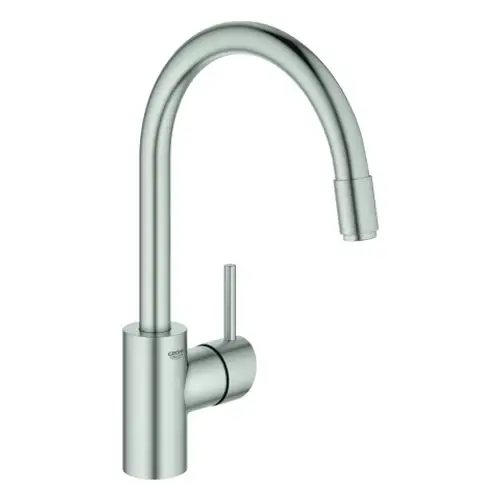 Hochwertige Küchenarmatur von Grohe mit geschwungenem Auslauf und seitlichem Bedienhebel in Edelstahl-Optik. Ideal für moderne Kücheneinrichtungen.
