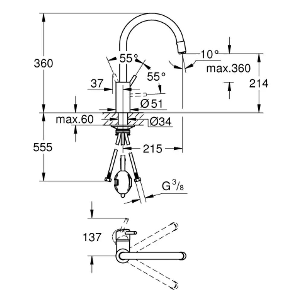 Ein Grohe-Wasserhahn mit hohem, gebogenem Auslauf und seitlichem Griff. Klares Design mit verschiedenen Maßen und Montageoptionen.