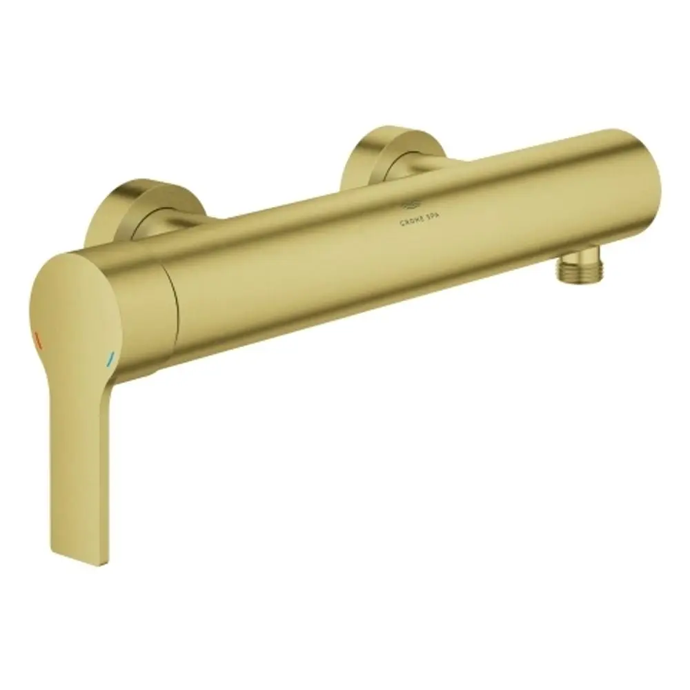 Wandmontierte Duschearmatur von Grohe in gebürstet goldfarbener Optik. Der Eingang ist auf der rechten Seite, mit Temperaturmarkierungen in Blau und Rot.