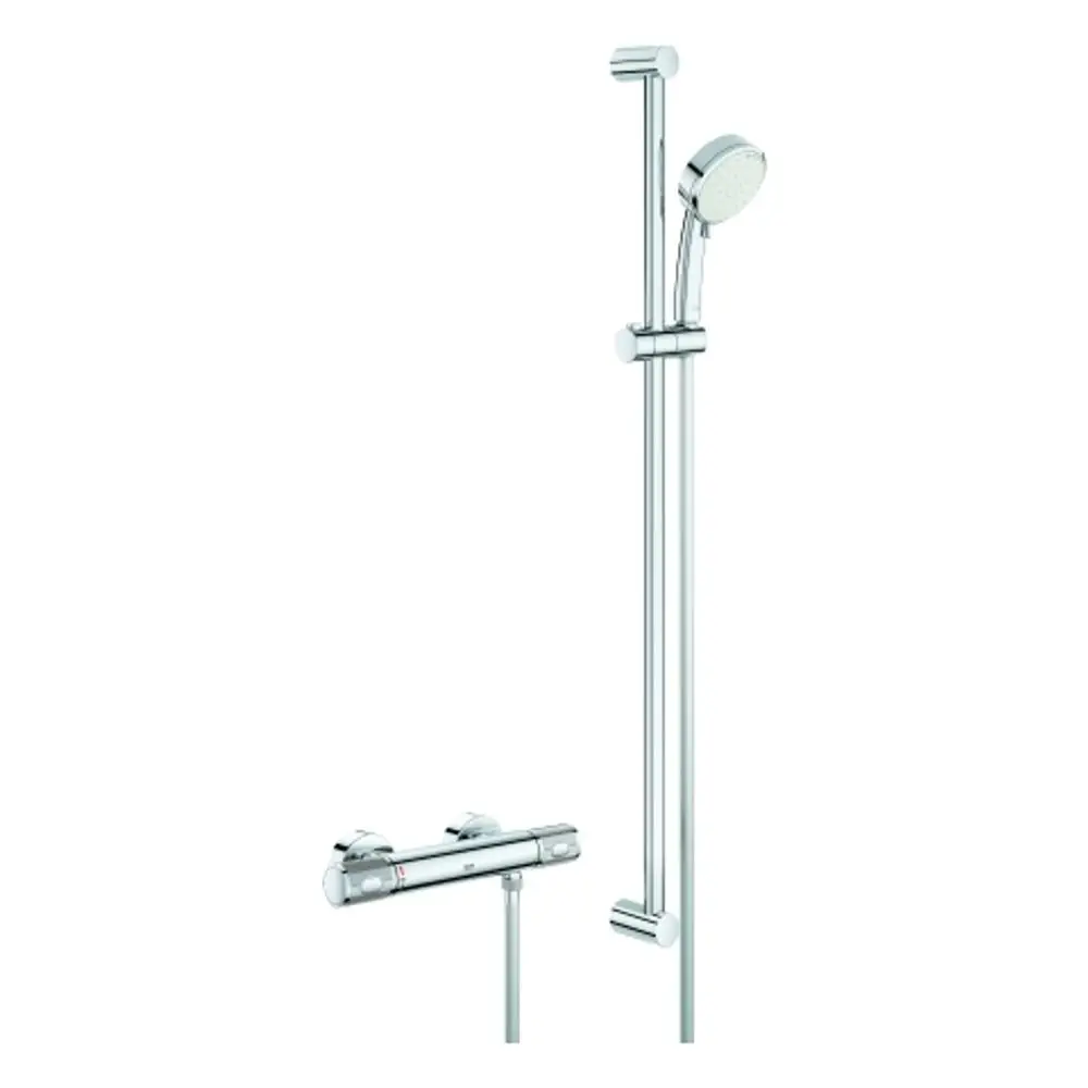 Brausebatterie in chrom mit wandmontiertem Haltegriff und Duschkopf, hergestellt von Grohe. Das Design ist funktional und schlicht.