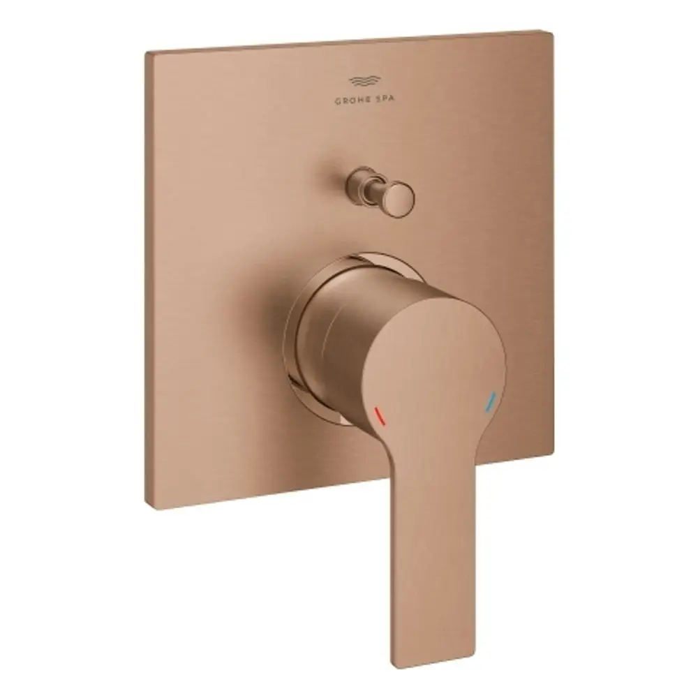 Wannenbatterie von Grohe in warmem Goldton, mit runder Steuerung und separatem Druckknopf zur Einstellung. Rechts und links farblich gekennzeichnete Bereiche.