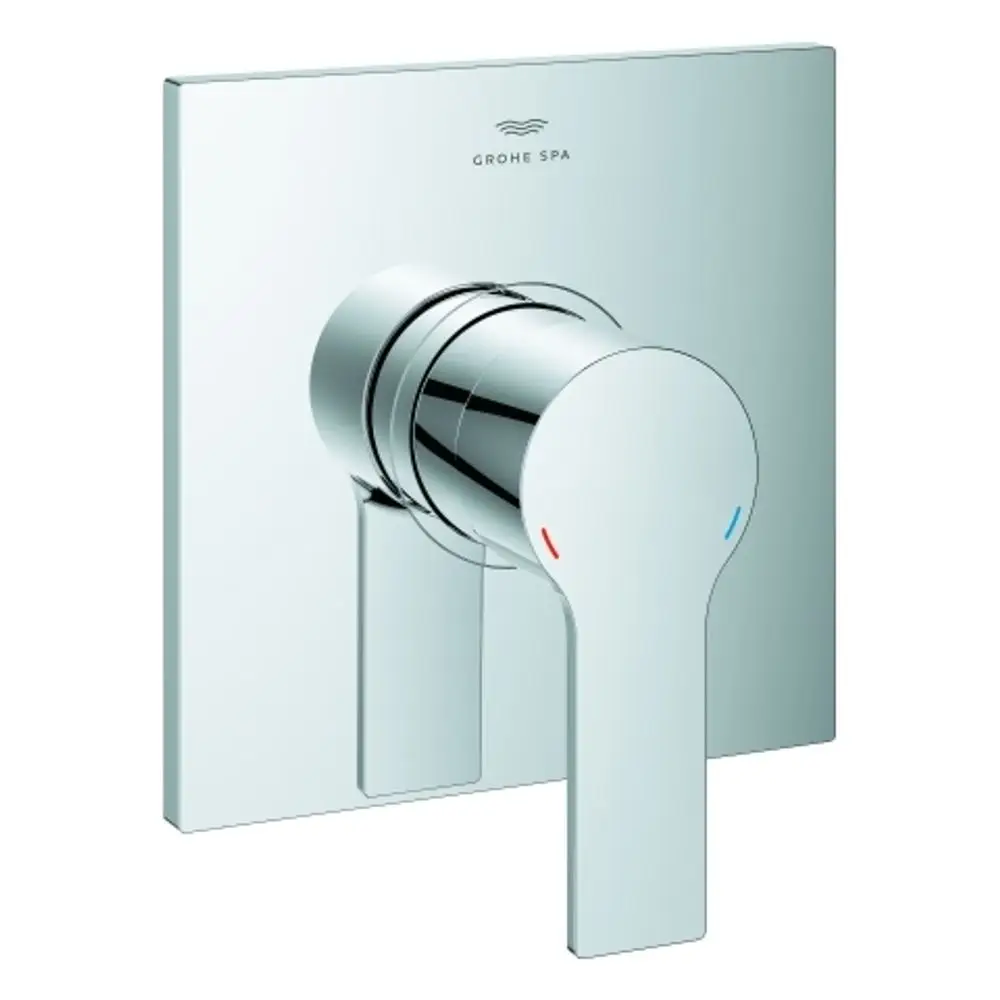 GROHE-Wannenarmatur mit runder Bedienung und Temperaturmarkierungen in Rot und Blau. Wandmontage mit glattem, spiegelndem Finish.