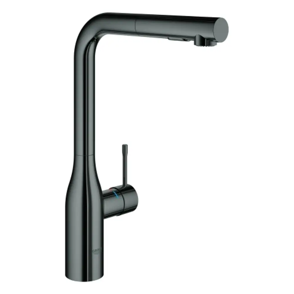 Schwenkbare Schwarz-Messing-Wassermischbatterie von Grohe mit ausziehbarer Brause und einem Hebel zur Temperatureinstellung.