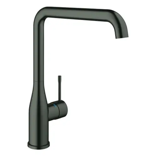 Schwarze Grohe-Spültischbatterie mit hoher Auslaufform, seitlichem Hebel, und mattem Finish. Entwurf ist schlicht und modern, geeignet für Kücheneinrichtungen.