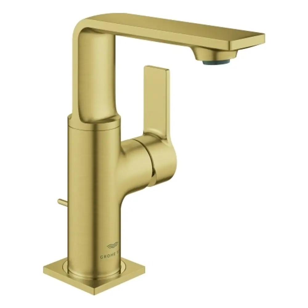 GROHE-Waschtischbatterie in gebürstetem Gold mit rechteckigem Auslauf und seitlichem Hebel zur Steuerung des Wasserflusses, montiert auf quadratischer Basis.