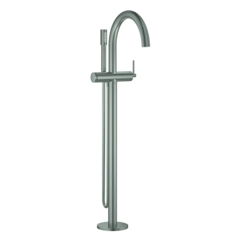 Standarmatur von Grohe in Supersteel-Finish mit einem hohen, gebogenen Auslauf und handgehaltenem Brausekopf, ideal für die Bodenmontage.