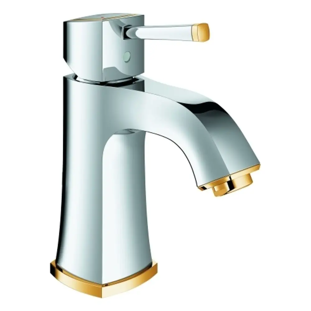 Grohe-Waschtischbatterie mit einem glatten, verchromten Körper und goldenen Akzenten. Sie verfügt über einen Hebel zum Regulieren des Wasserflusses.