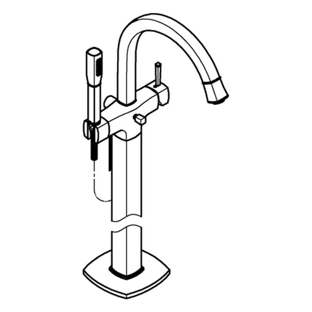 Grohe Einhand-Wannenbatterie mit Bodenmontage, ausgestattet mit schwenkbarem Auslauf und Handbrause, in einem chrom/goldenen Design.