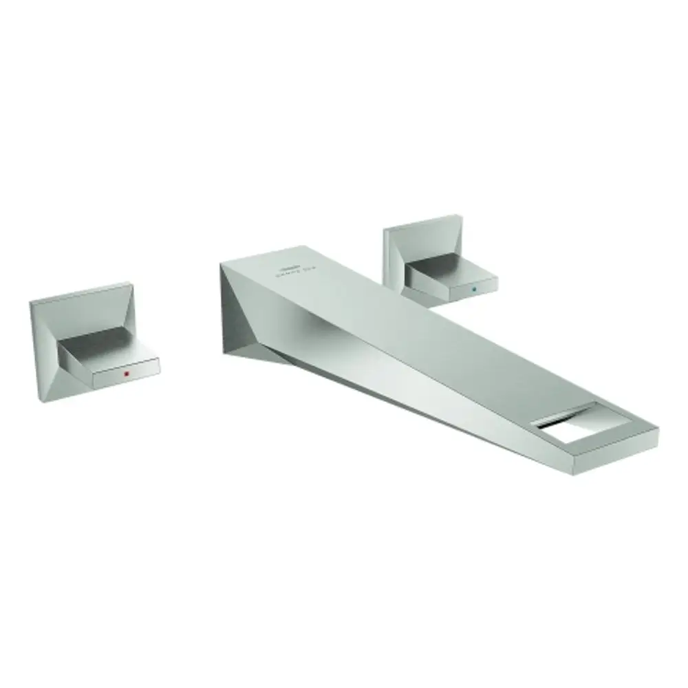 Wandmontierte Armatur von Grohe mit einem rechteckigen Auslauf und zwei Bedienelementen für Warm- und Kaltwasser. Oberfläche in mattem Metallfinish.