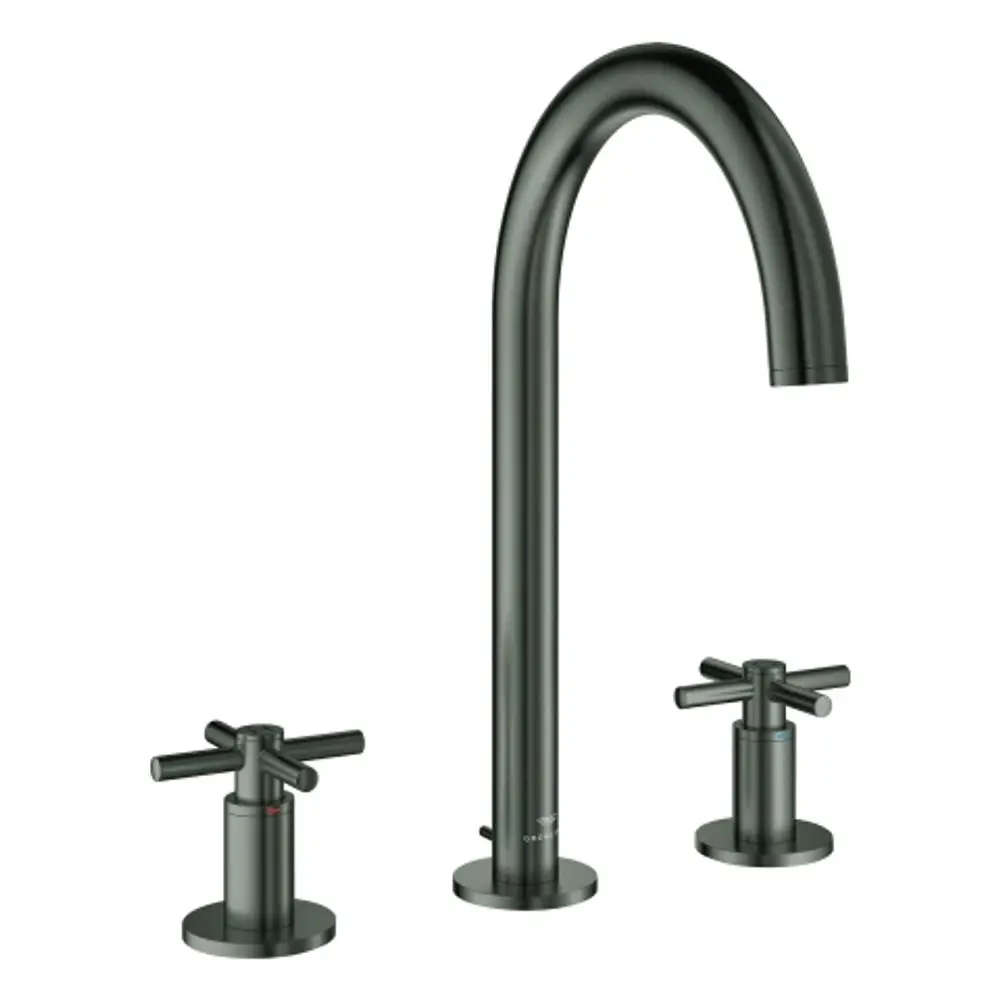 GROHE-Waschtischarmatur mit hohem, gebogenem Auslauf und zwei seitlichen Kreuzgriffen in dunkler Graphit-Optik.