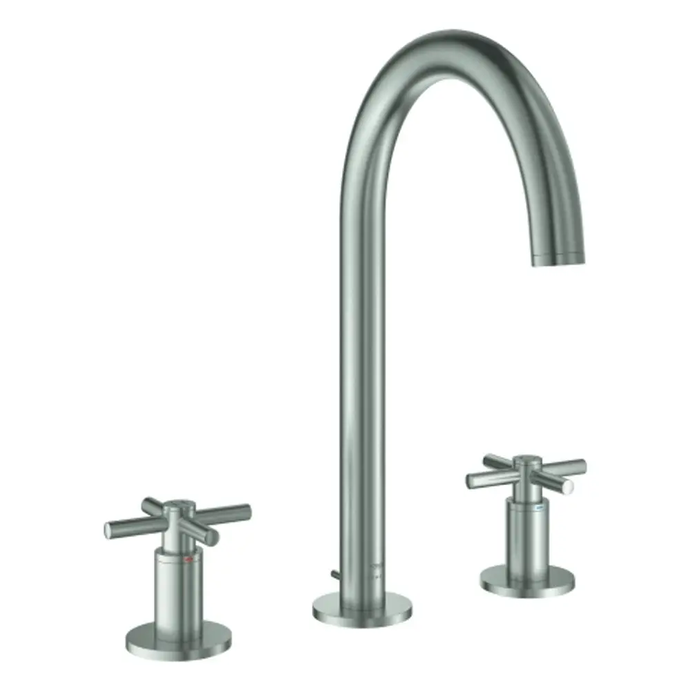 GROHE-Faucet mit zwei separaten Kreuzgriffen und einem hohen, gebogenen Auslauf in Edelstahloptik. Geeignet für eine 3-Loch-Installation.