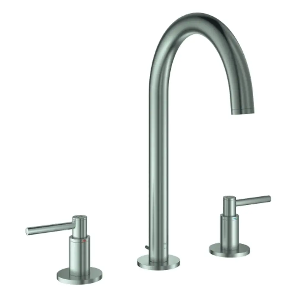 GROHE Armatur mit hohem Auslauf und zwei Hebelgriffen, montiert auf einer Fläche. Die Oberfläche ist in einer matten, grauen Farbe gehalten.