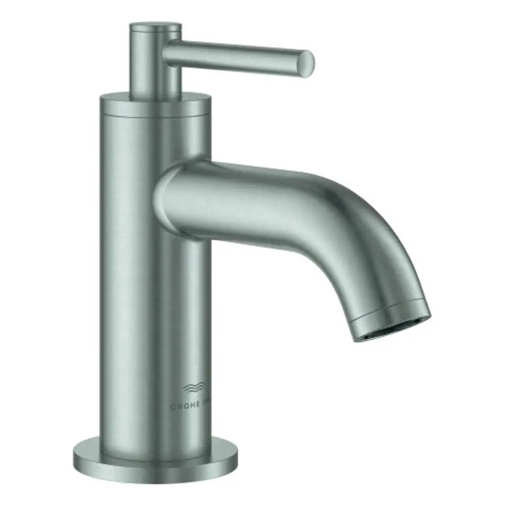 GROHE Badezimmerarmatur mit einem schlanken, zylindrischen Design und einem Hebelgriff. Die Oberfläche ist in einer matten Supersteel-Optik gehalten.