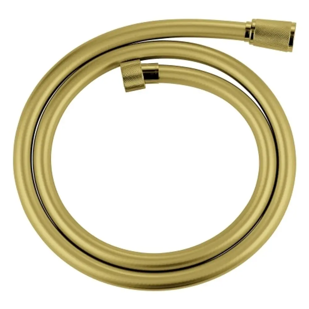 Grohe Brauseschlauch in goldener Farbe, spiralförmig gewunden, mit zwei Verschraubungen an den Enden. Geeignet für den Einsatz in Duschen.