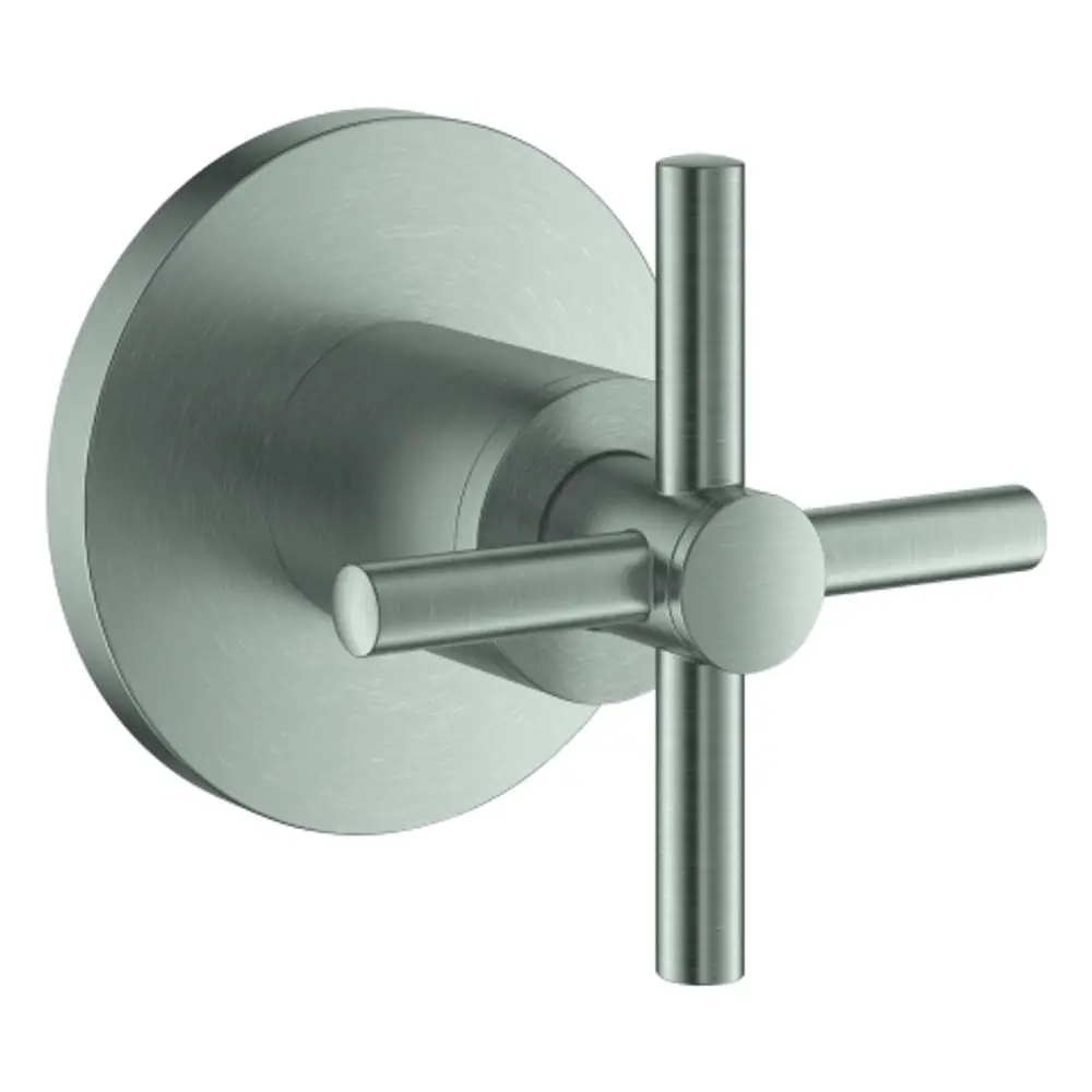 GROHE Kreuz-Griff in Supersteel-Ausführung, montiert auf runder Wandplatte. Das Design zeigt zwei gleich lange, quer verlaufende Griffe.