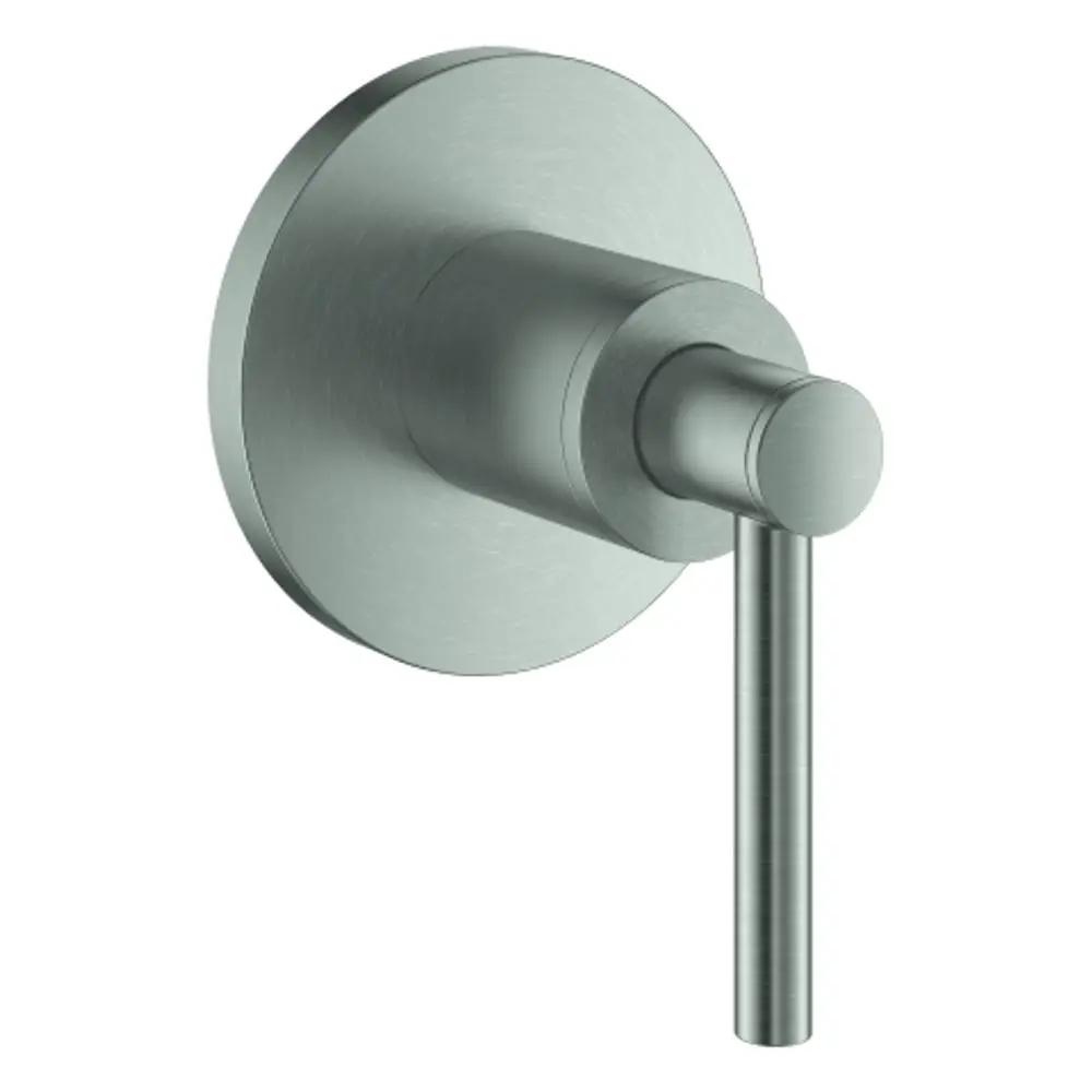 Wandmontierter Grohe-Hebelgriff in mattem Edelstahl-Finish, mit runder Abdeckung und schmalem Hebel zur Steuerung von Wasserflüssen.