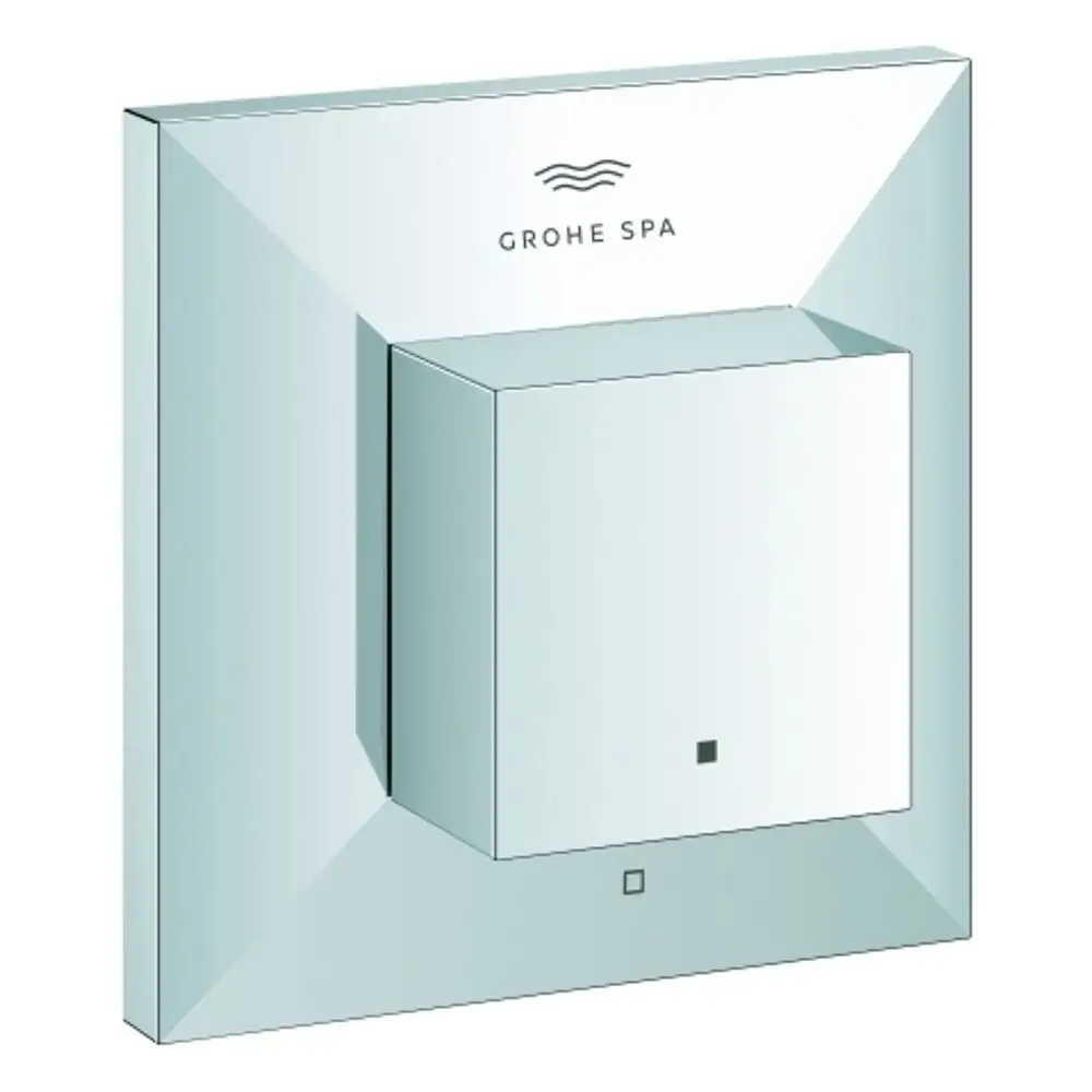 GROHE Steuerungselement in edlem Design, quadratischer Knopf auf einer rechteckigen Wandplatte mit der Aufschrift „GROHE SPA“. Farbgebung in Chrom.