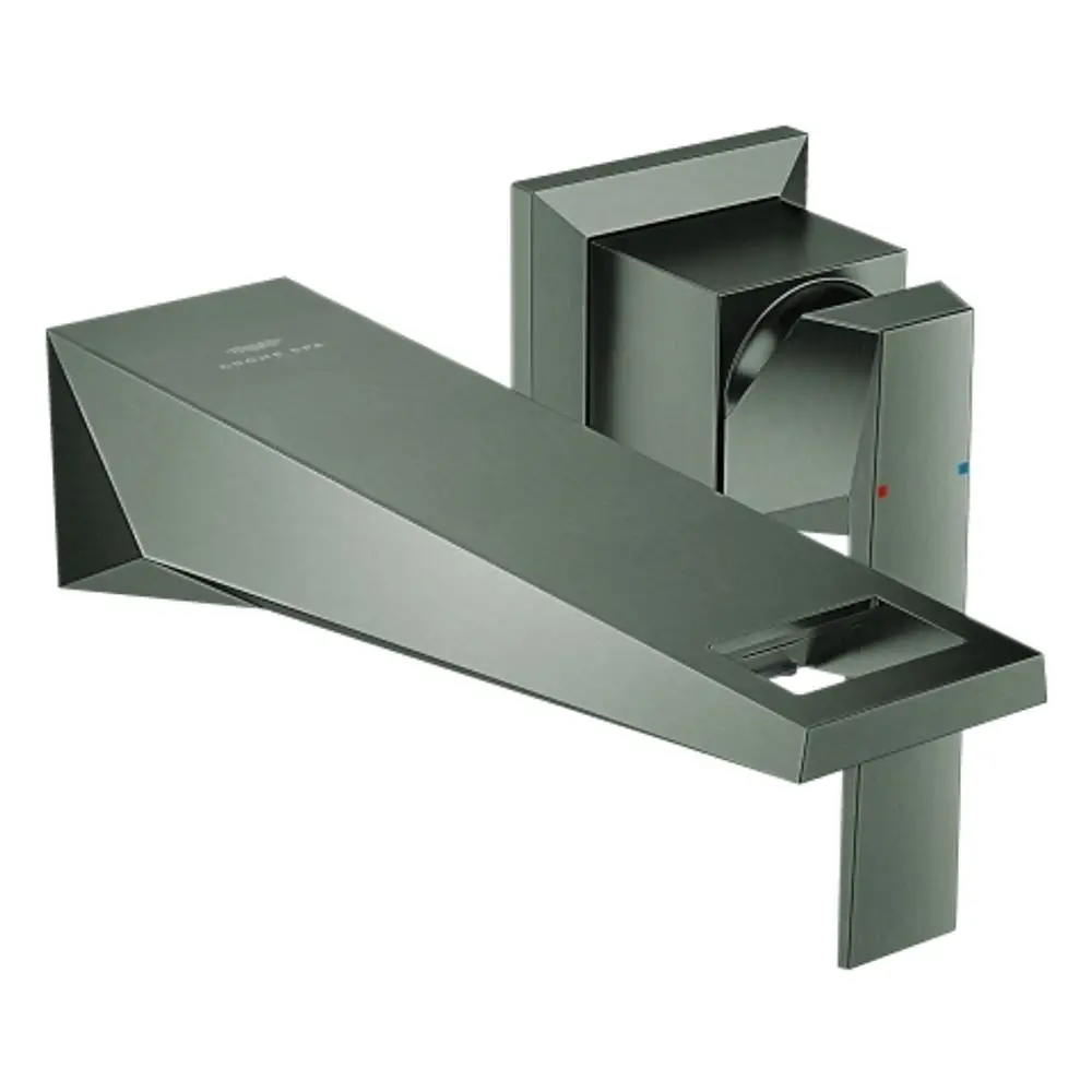 Grohe-Wasserauslauf in grauer Oberfläche, rechteckiges Design mit einem Hebel zur Temperaturregelung. Ideal für Wandmontage.