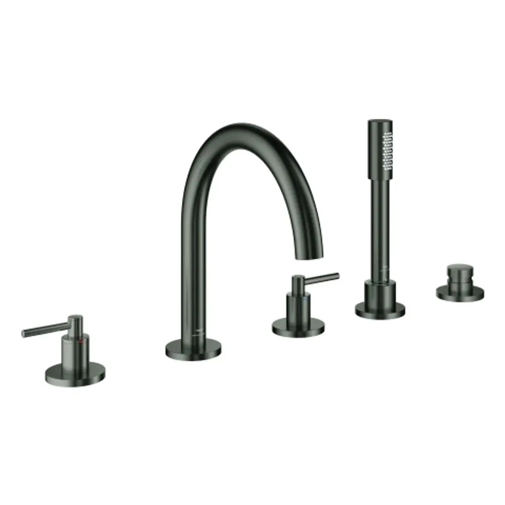 Schwarze Grohe-Wannenarmatur mit mehreren Komponenten, einschließlich eines hohen Auslaufs und zwei Bedienelementen, in gebürstetem Finish.