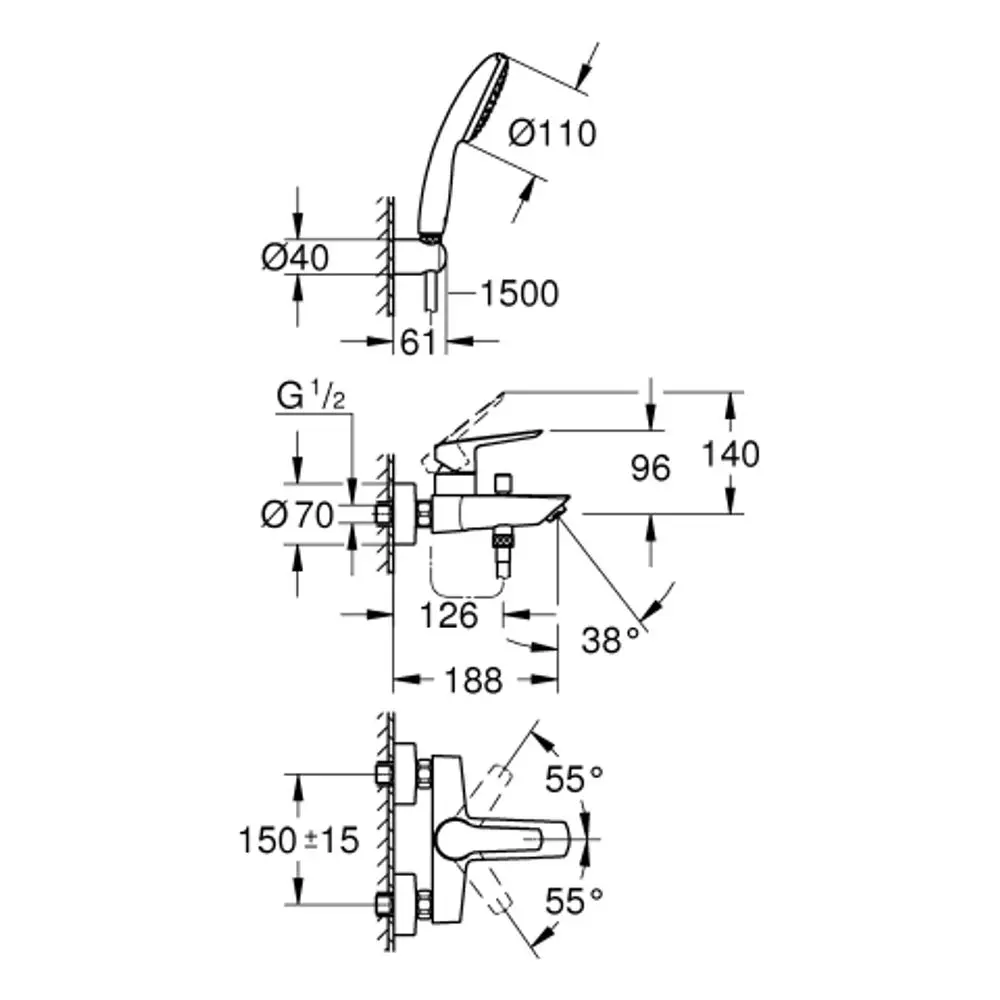 Technische Zeichnung eines Grohe-Wannenbatterie-Models mit Wandmontage, zeigt maßliche Details und Anschlüsse für Installation.