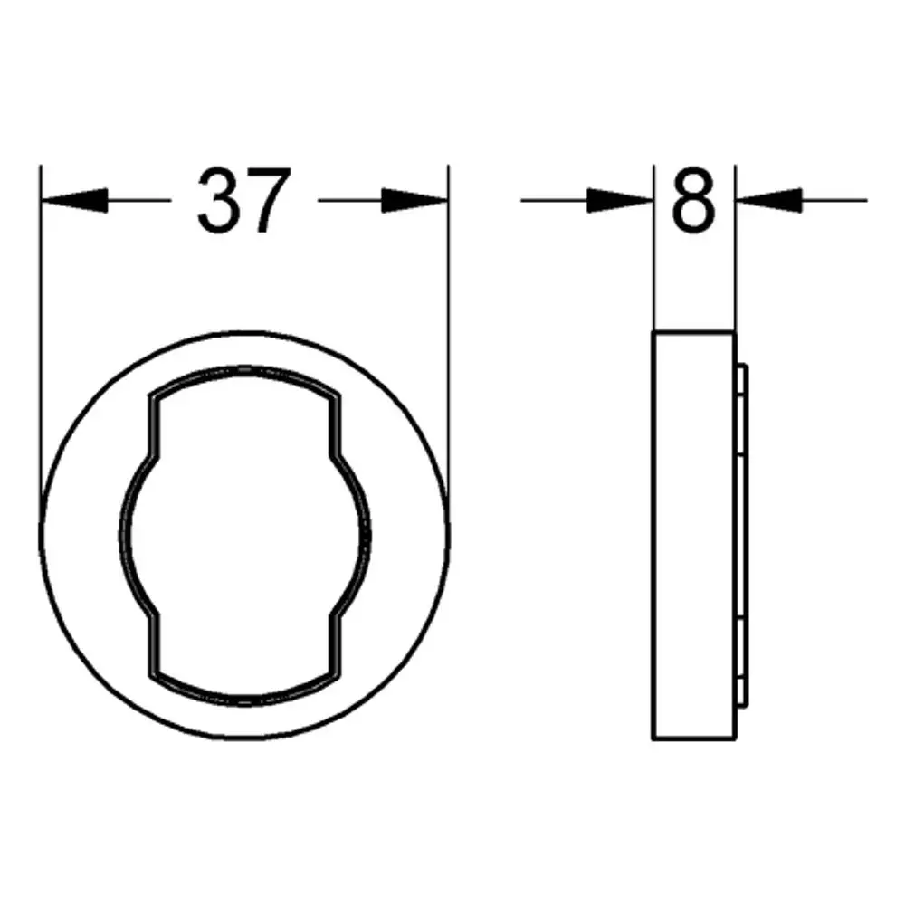 Grohe Ausgleichsscheibe, flache runde Form mit Aussparungen, zeigt Maße von 37 mm Durchmesser und 8 mm Höhe. Eignet sich für verschiedene Installationen.