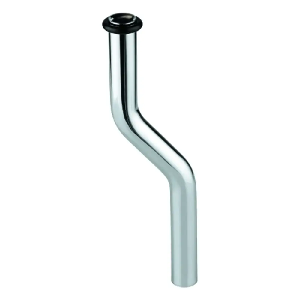 Chromiertes Urinal-Spülrohr von Grohe mit einer Kröpfung und einem Anschluss für die Wandmontage. Das Rohr hat eine glatte Oberfläche und ist für Sanitäranlagen konzipiert.