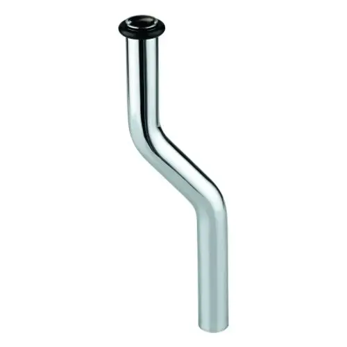 Chromiertes Urinal-Spülrohr von Grohe mit einer Kröpfung und einem Anschluss für die Wandmontage. Das Rohr hat eine glatte Oberfläche und ist für Sanitäranlagen konzipiert.