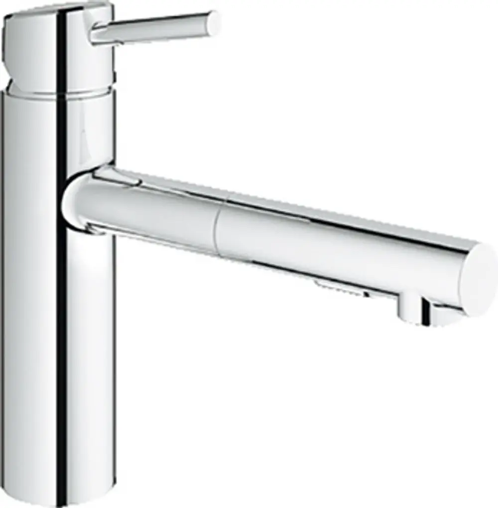 Grohe Wasserhahn mit mittelhoher Auslaufhöhe und einem Hebel zum Regulieren des Wasserflusses, in einem minimalistischen Design aus verchromtem Edelstahl.