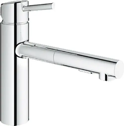 Grohe Wasserhahn mit mittelhoher Auslaufhöhe und einem Hebel zum Regulieren des Wasserflusses, in einem minimalistischen Design aus verchromtem Edelstahl.