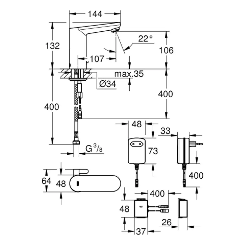 Grohe Wasserhahn mit elektronischer Bedienung, ausgestattet mit einem Transformator und Bluetooth. Technisches Diagramm mit Maßangaben und Anschlüssen.